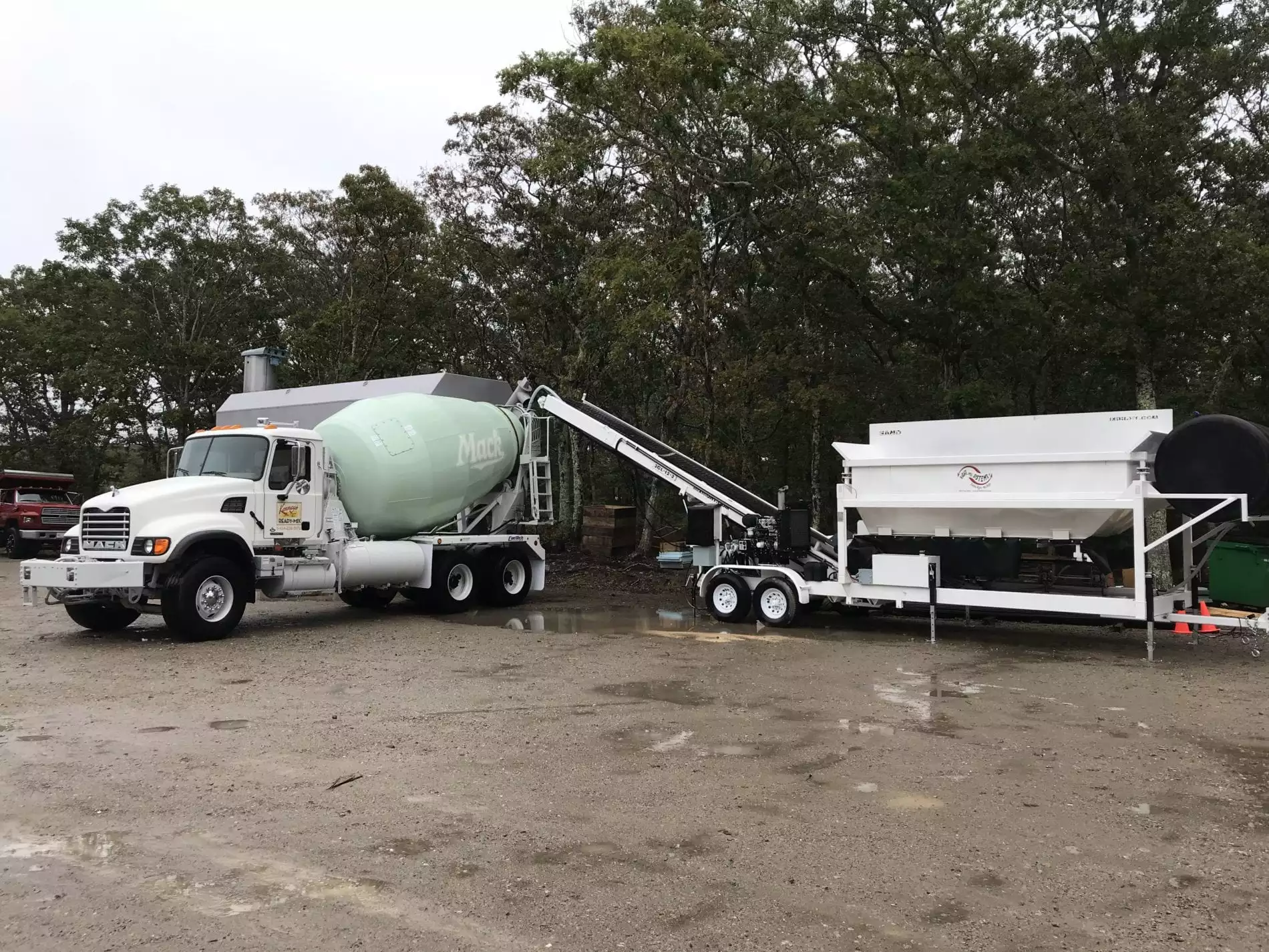 Portable Concrete Batching Plant 12+ Cubic Yards Automated Mix Right 2CL-12-2 & Portable Cement Silo Loading Concrete Truck On Site by Right Manufacturing Systems Inc.